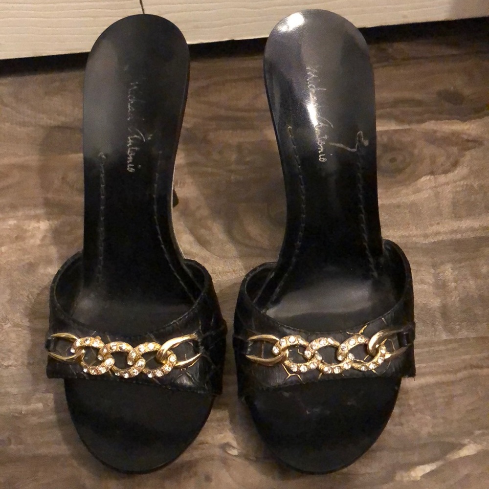 Black n gold rhinestone chain heels slides sandal